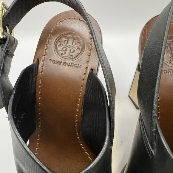 Tory Burch Bleeker Black Leather Slingback Gold Heels Sandals size 6.5 Designer - Picture 6 of 16